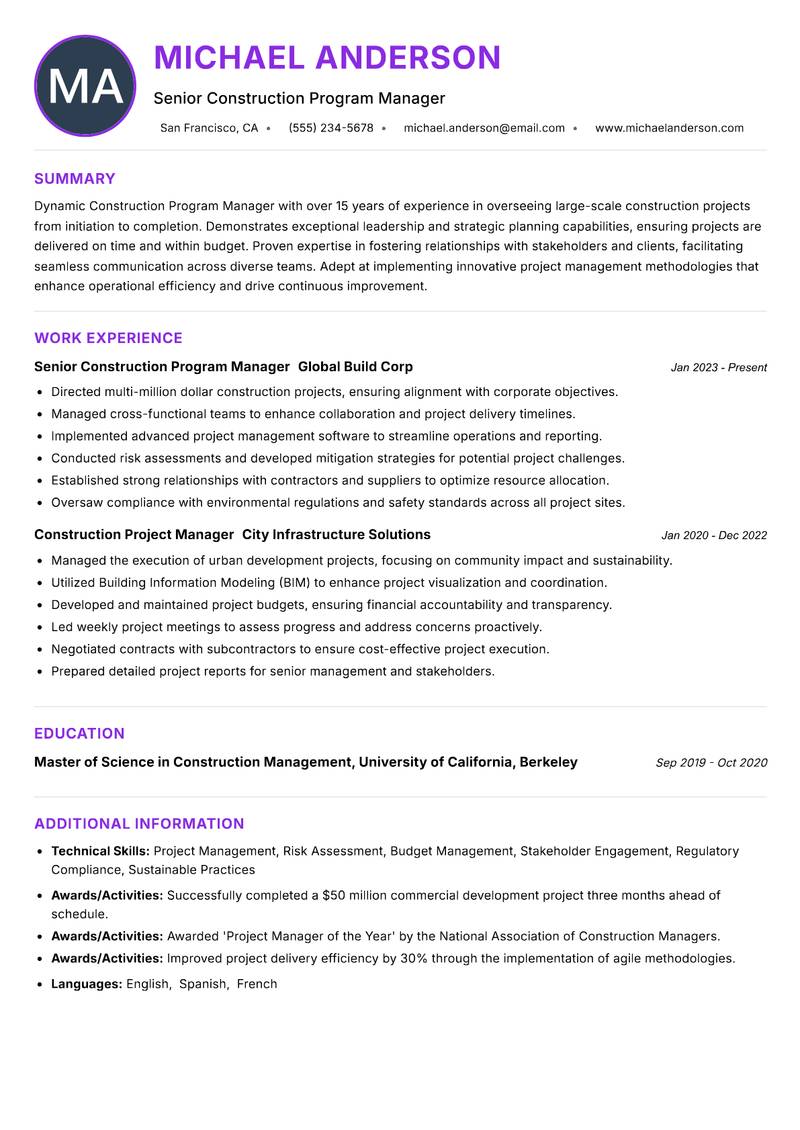 Construction Program Manager resume example — ATS-friendly template