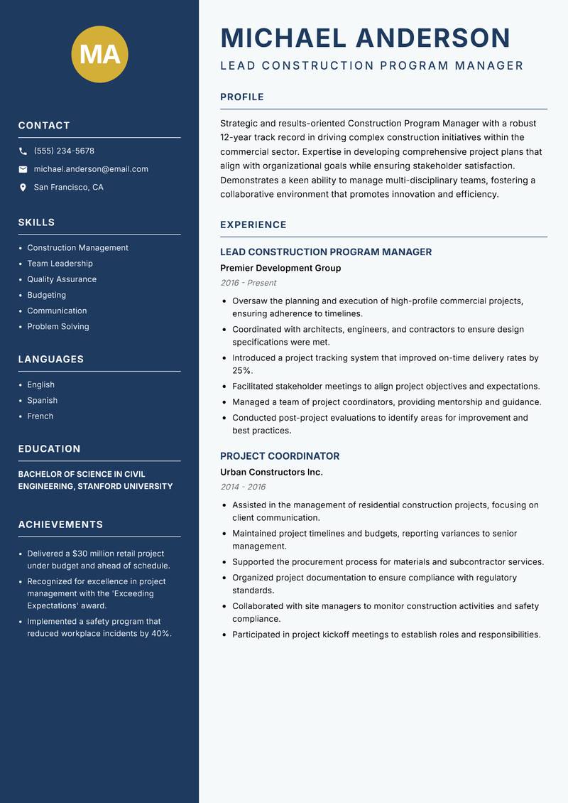 Construction Program Manager resume template — Classic Clean