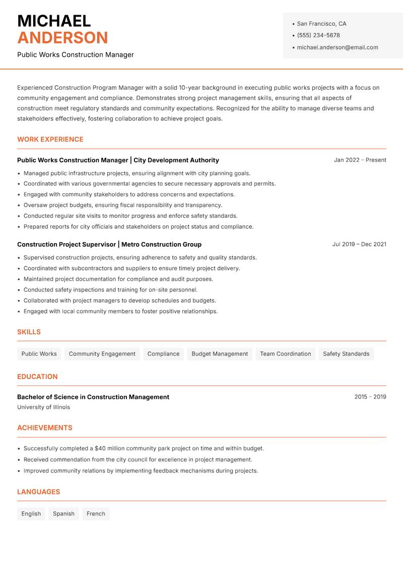 Construction Program Manager resume template — Modern Professional
