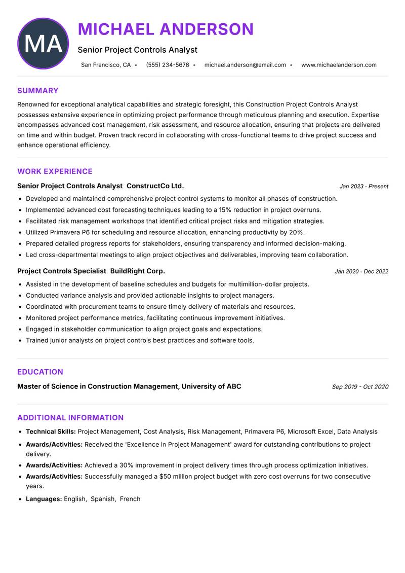 Construction Project Controls Analyst resume example — ATS-friendly template