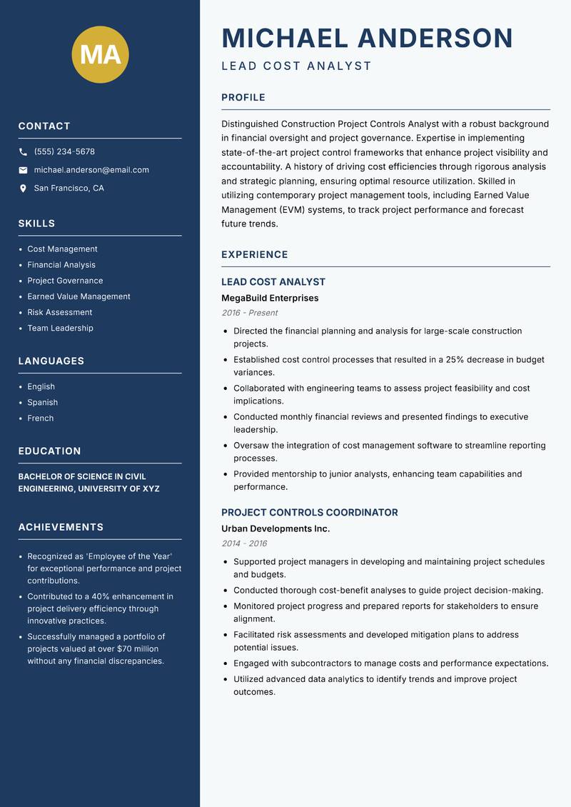 Construction Project Controls Analyst resume template — Classic Clean