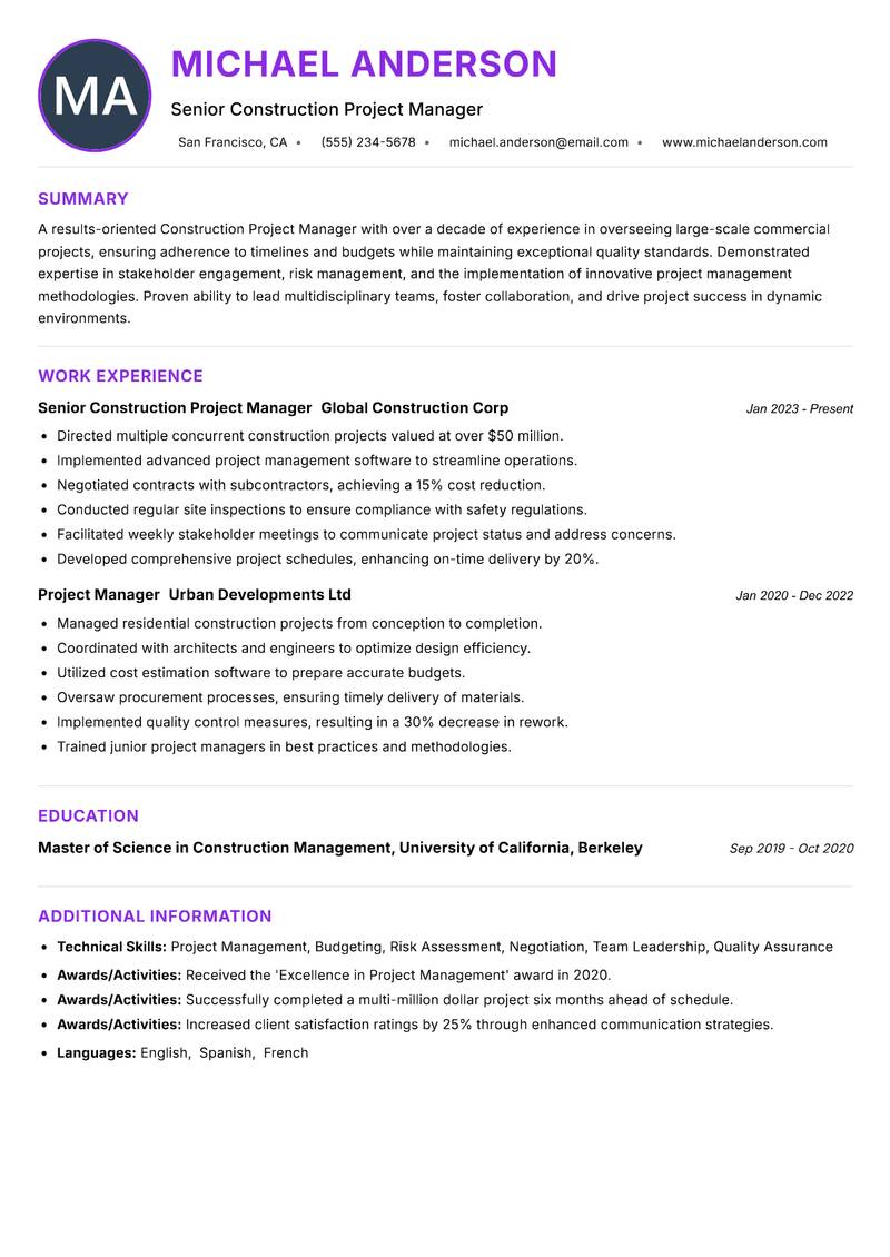 Construction Project Manager resume example — ATS-friendly template