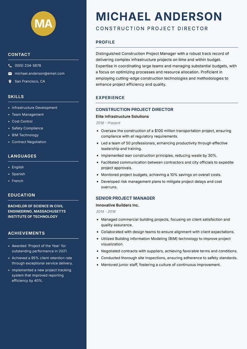 Construction Project Manager resume template — Classic Clean