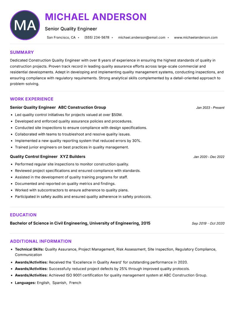 Construction Quality Engineer resume example — ATS-friendly template