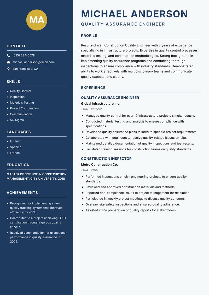 Construction Quality Engineer resume template — Classic Clean