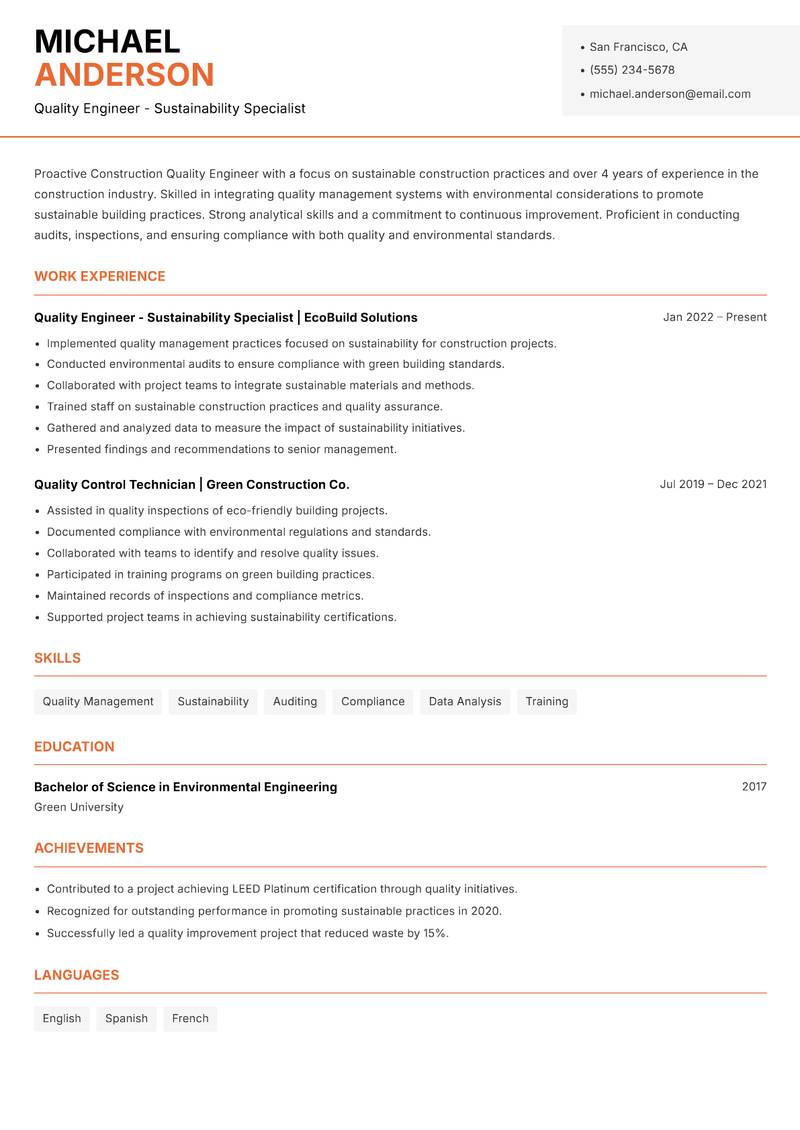 Construction Quality Engineer resume template — Modern Professional