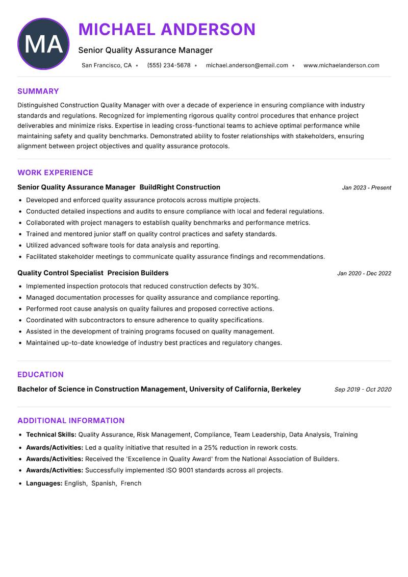 Construction Quality Manager resume example — ATS-friendly template