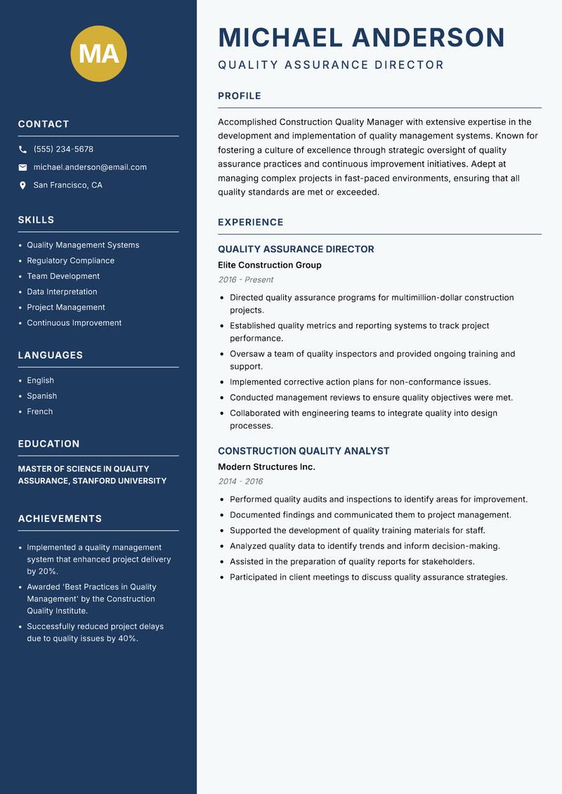 Construction Quality Manager resume template — Classic Clean