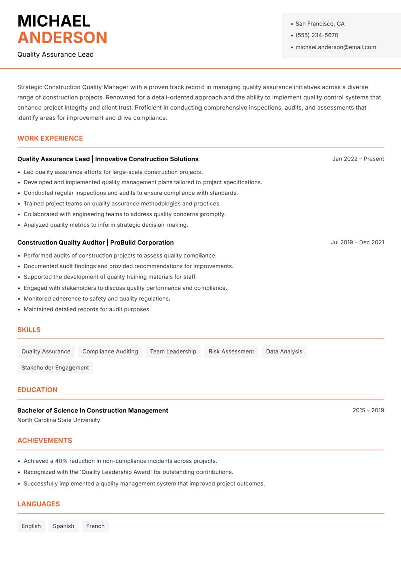 Construction Quality Manager resume template — Modern Professional