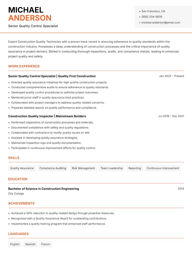 Construction Quality Technician resume template — Modern Professional