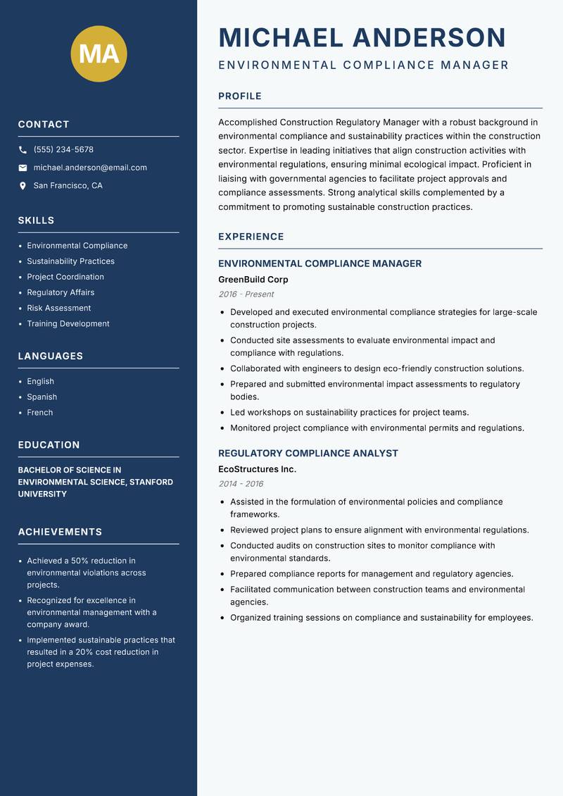 Construction Regulatory Manager resume template — Classic Clean