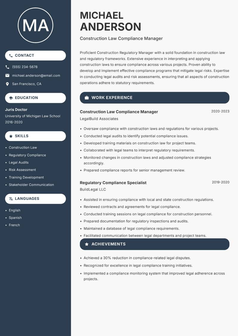 Construction Regulatory Manager resume template — Compact