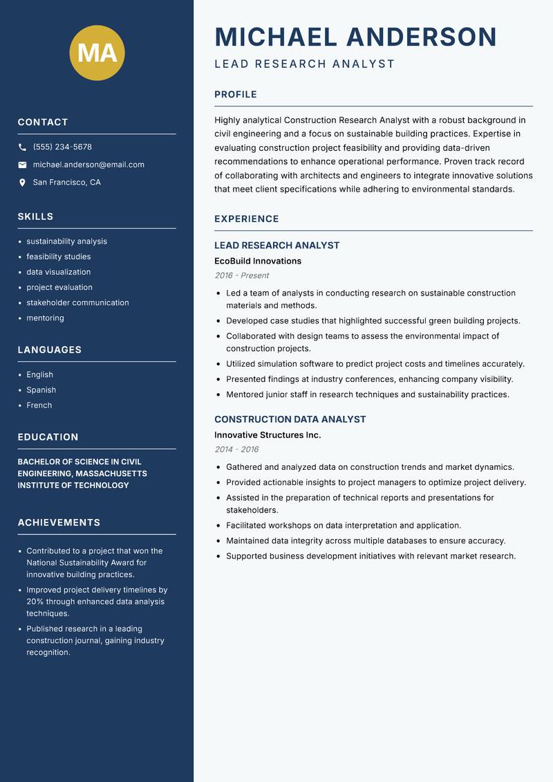 Construction Research Analyst resume template — Classic Clean