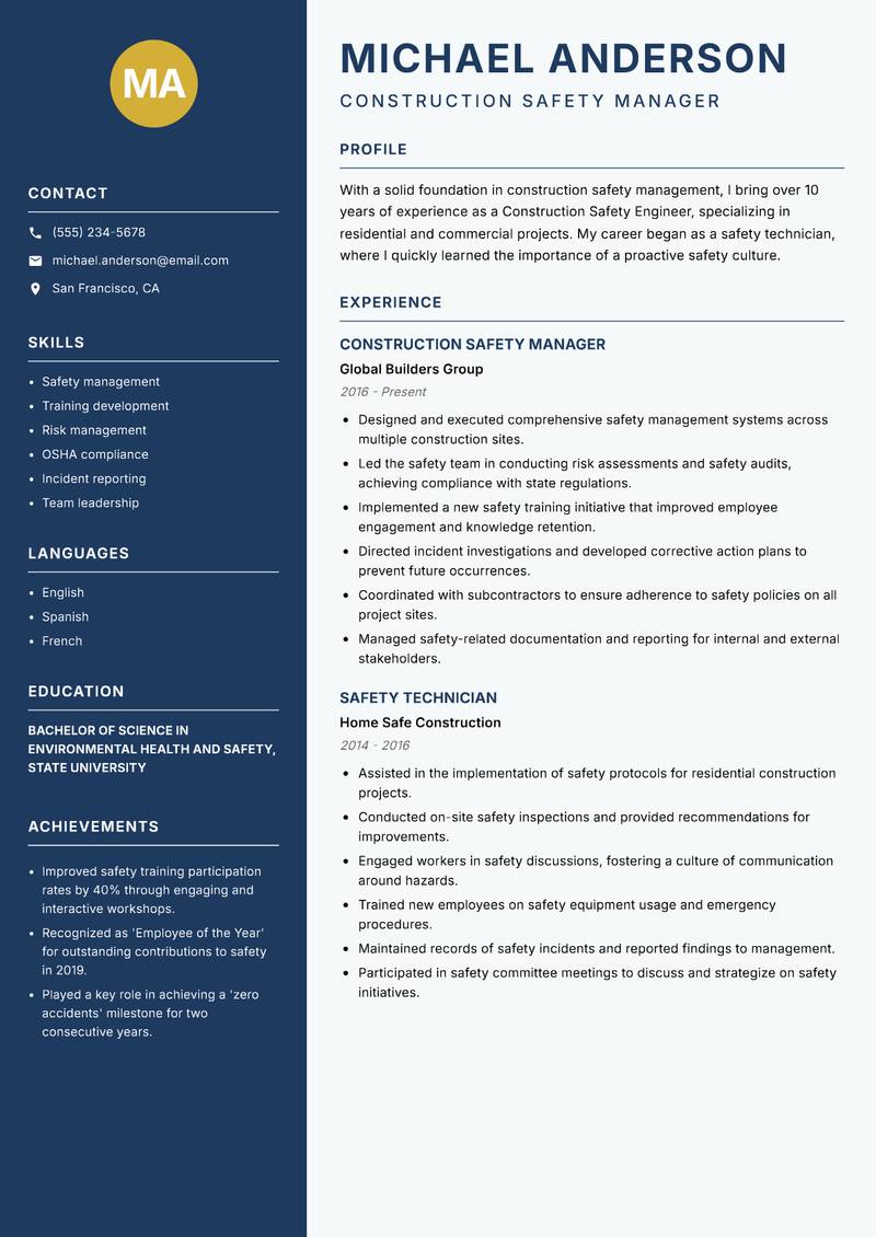 Construction Safety Engineer resume template — Classic Clean