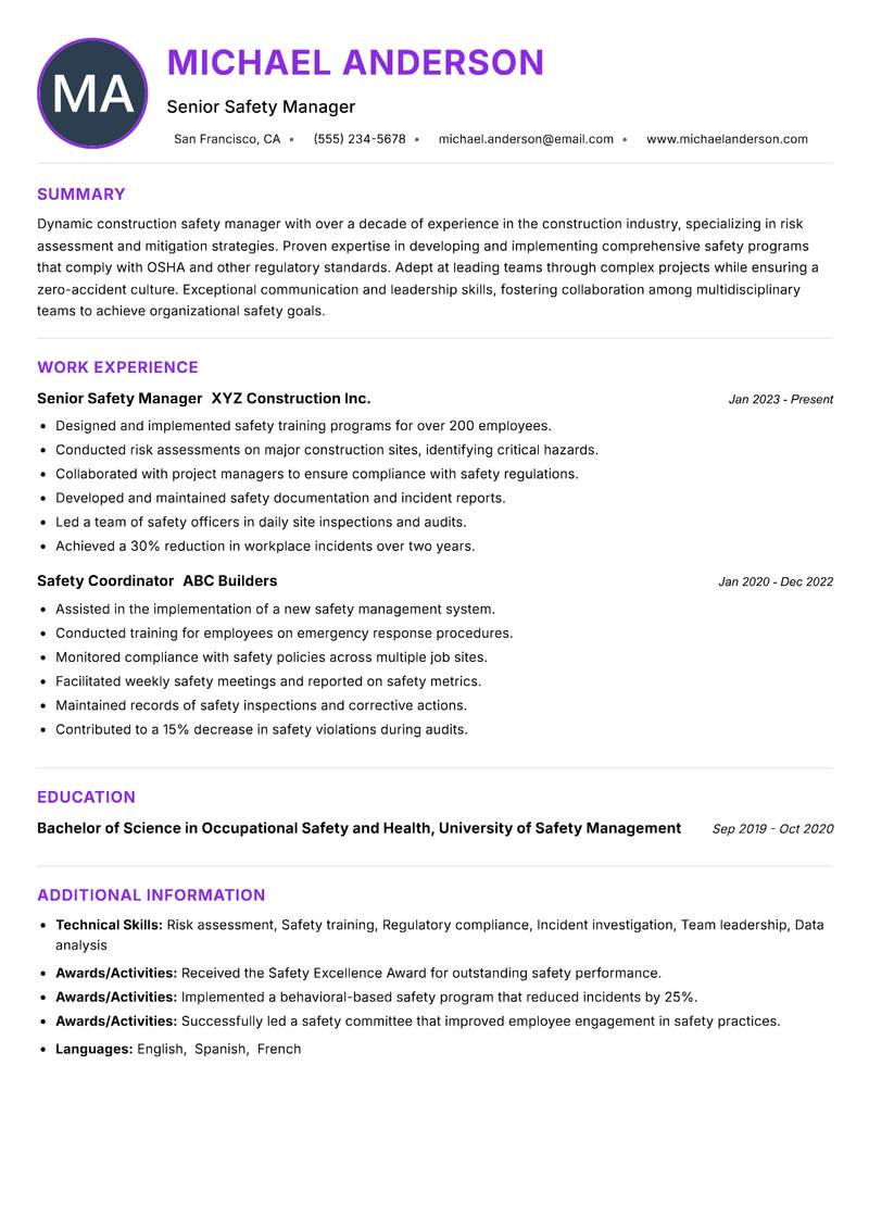Construction Safety Manager resume example — ATS-friendly template