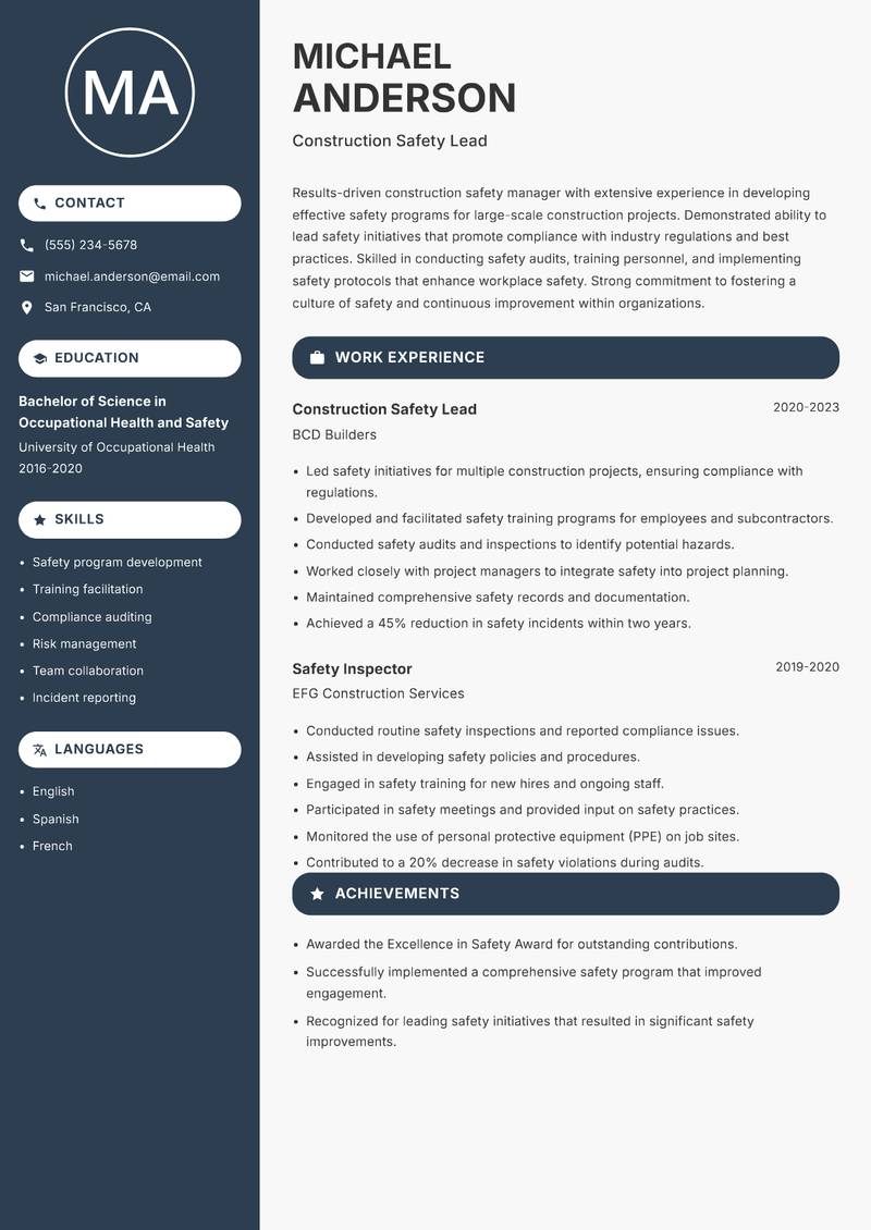 Construction Safety Manager resume template — Compact