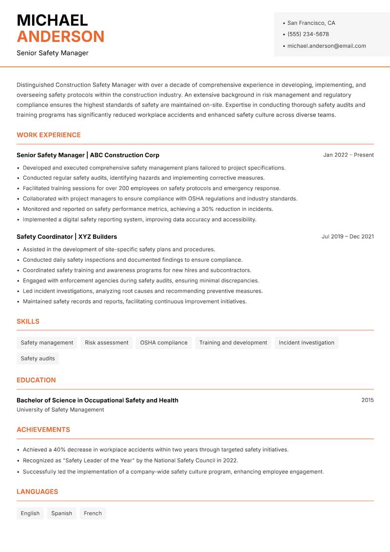 Construction Safety Manager resume template — Modern Professional