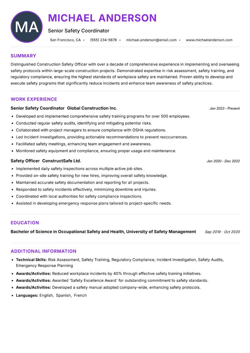 Construction Safety Officer resume example — ATS-friendly template