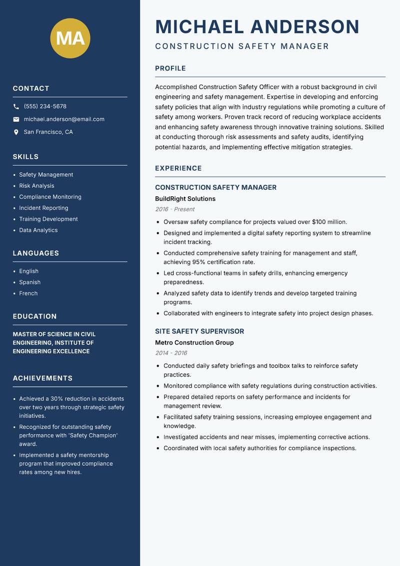 Construction Safety Officer resume template — Classic Clean