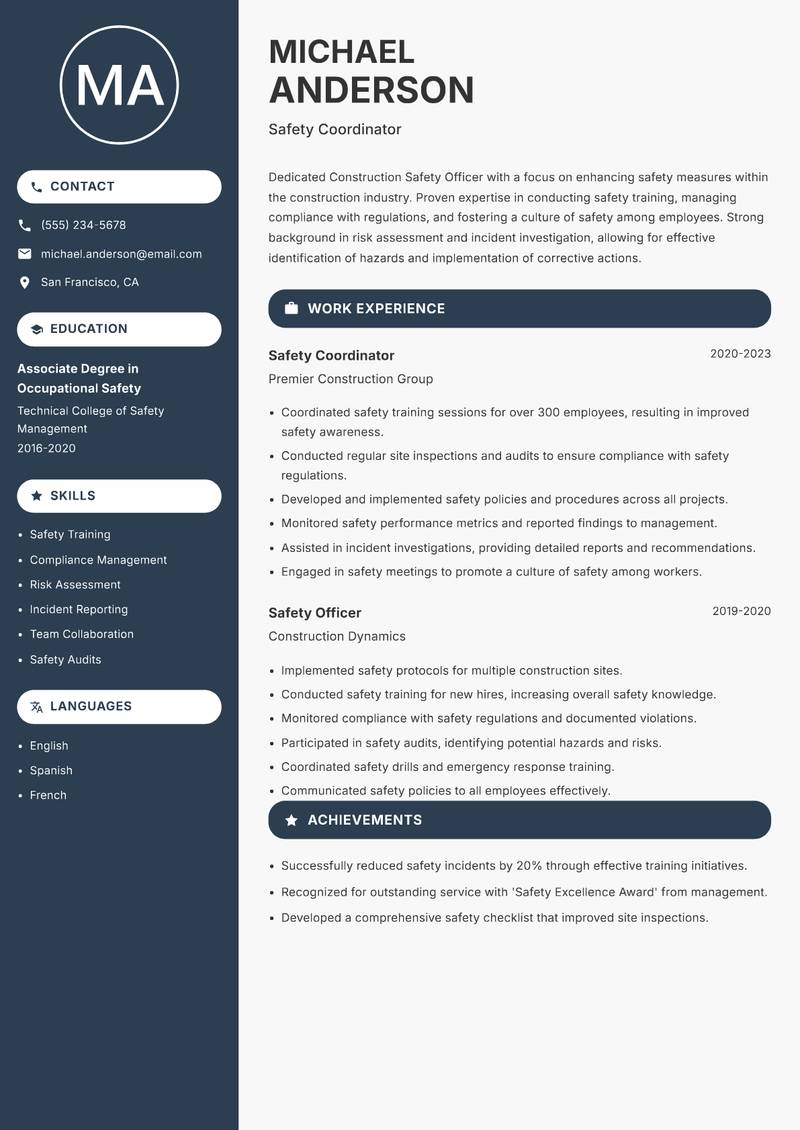 Construction Safety Officer resume template — Compact