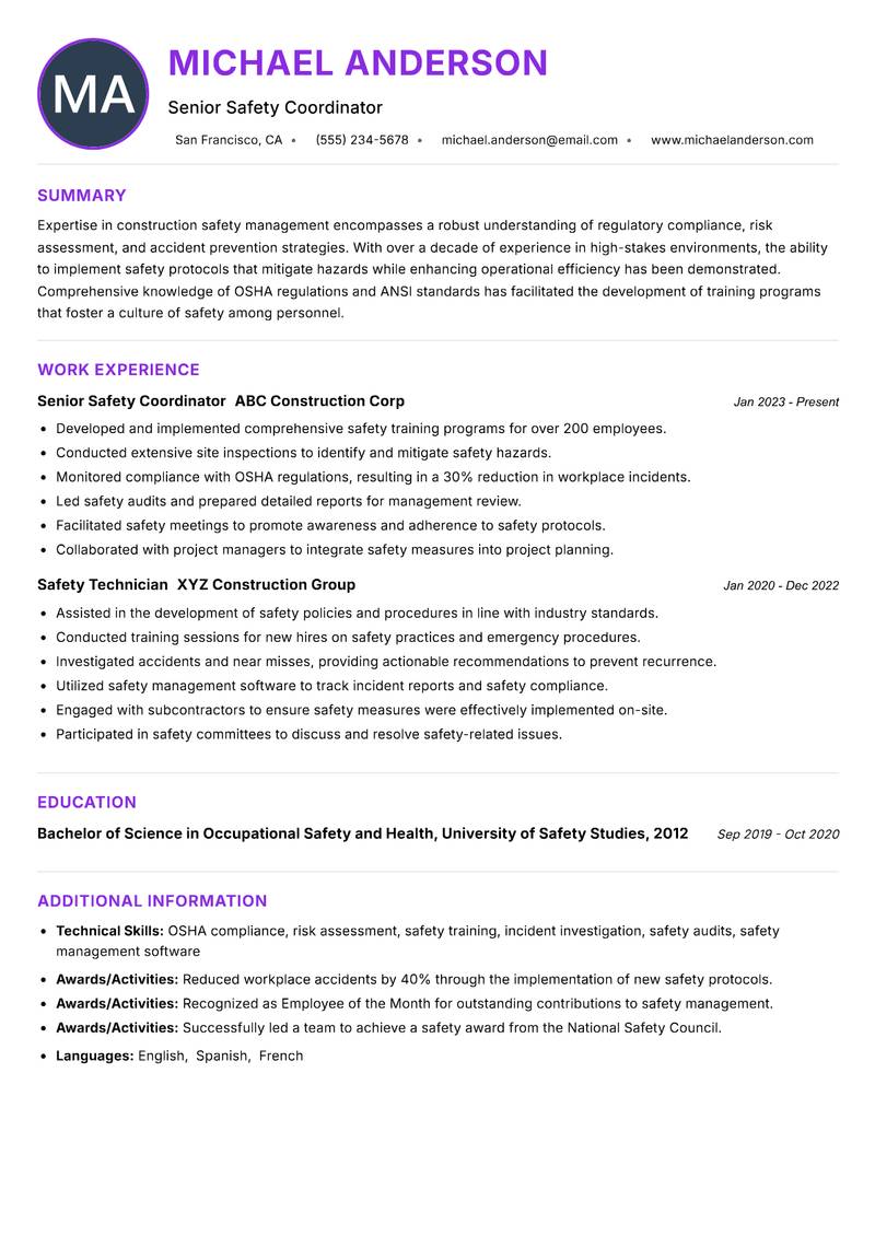 Construction Safety Technician resume example — ATS-friendly template