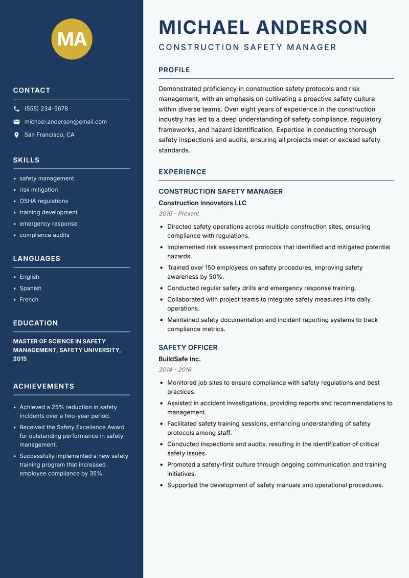 Construction Safety Technician resume template — Classic Clean