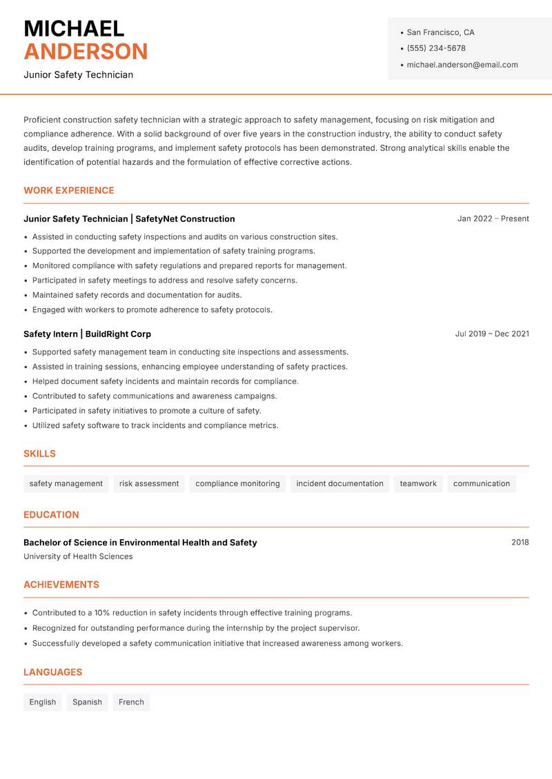 Construction Safety Technician resume template — Modern Professional