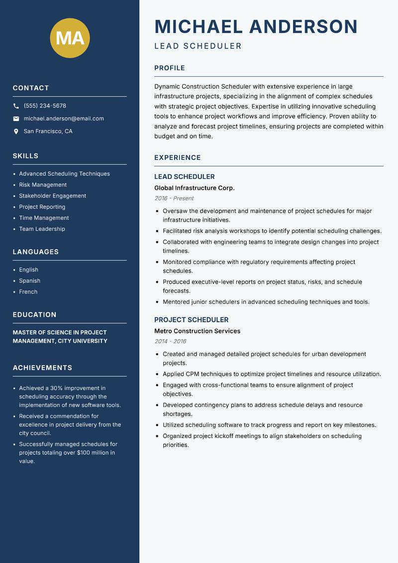 Construction Scheduler resume template — Classic Clean