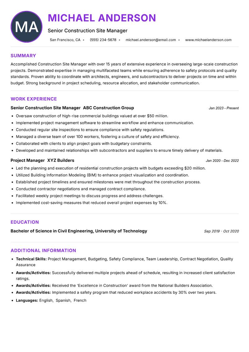 Construction Site Manager resume example — ATS-friendly template