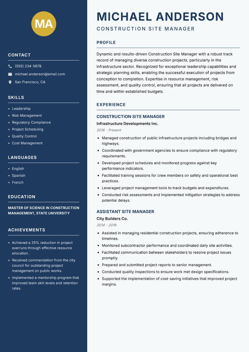Construction Site Manager resume template — Classic Clean