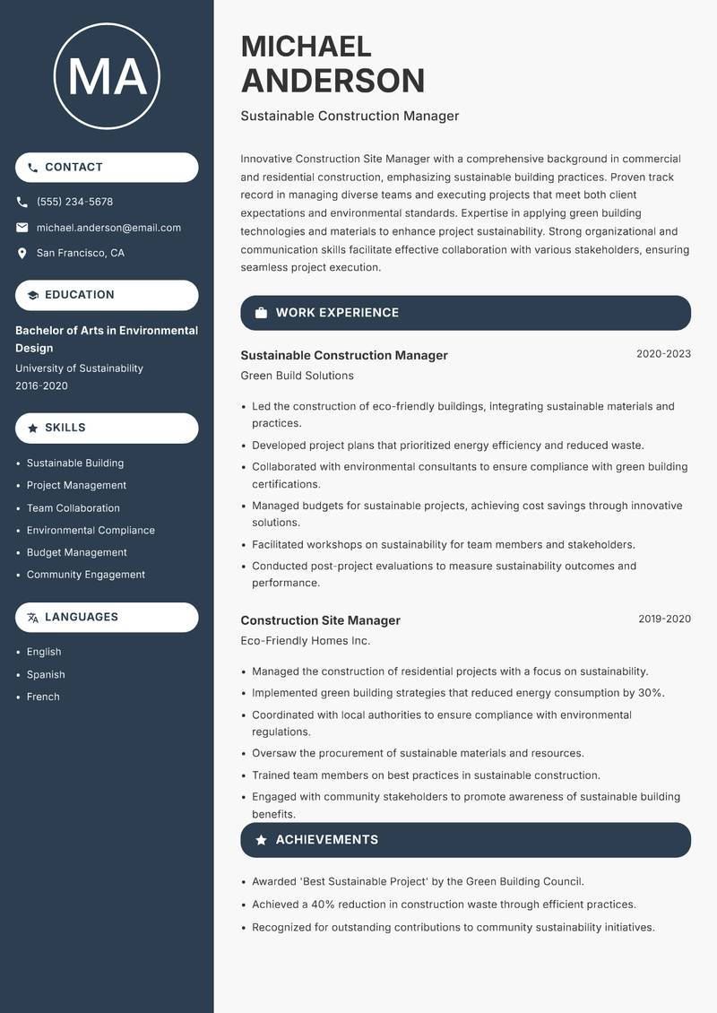Construction Site Manager resume template — Compact