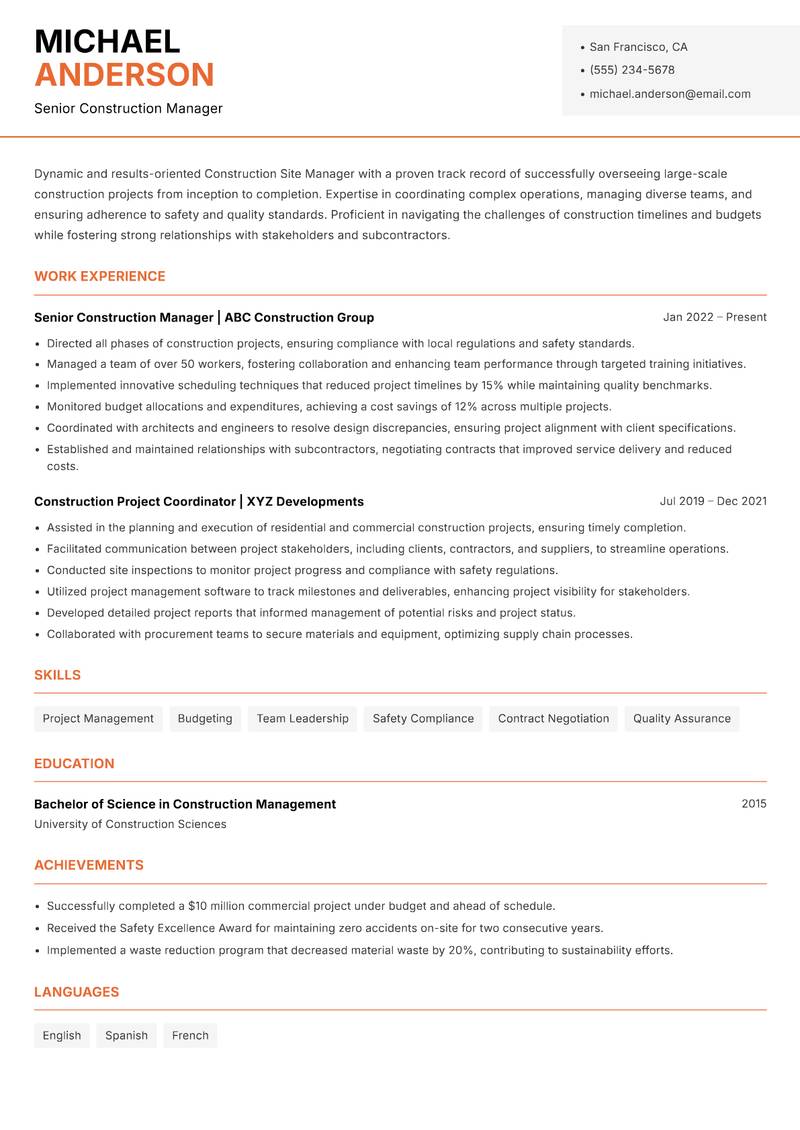 Construction Site Manager resume template — Modern Professional