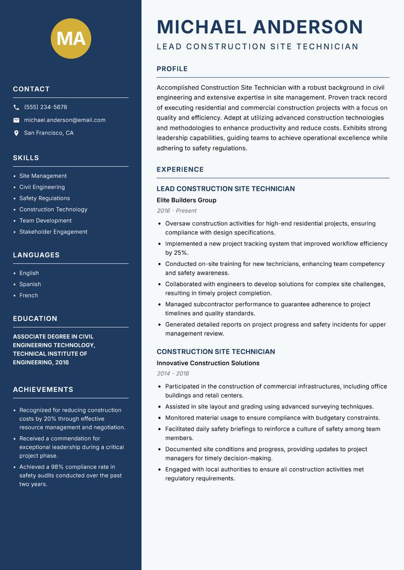 Construction Site Technician resume template — Classic Clean