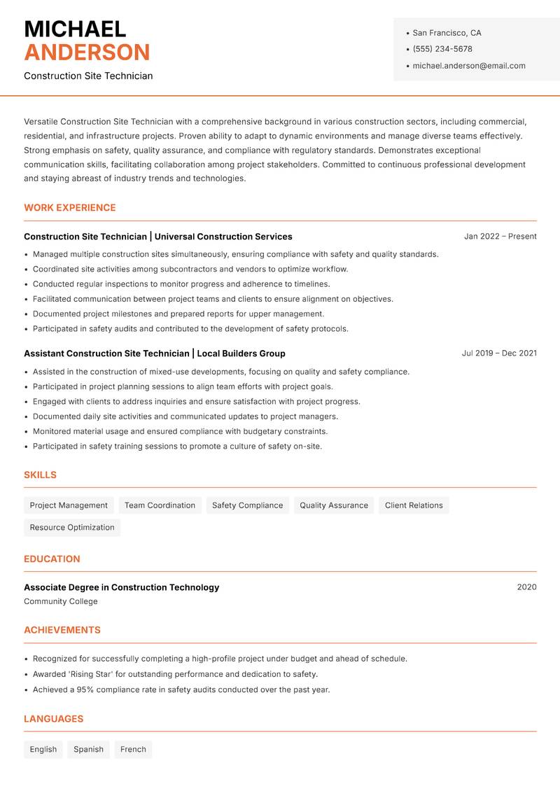 Construction Site Technician resume template — Modern Professional