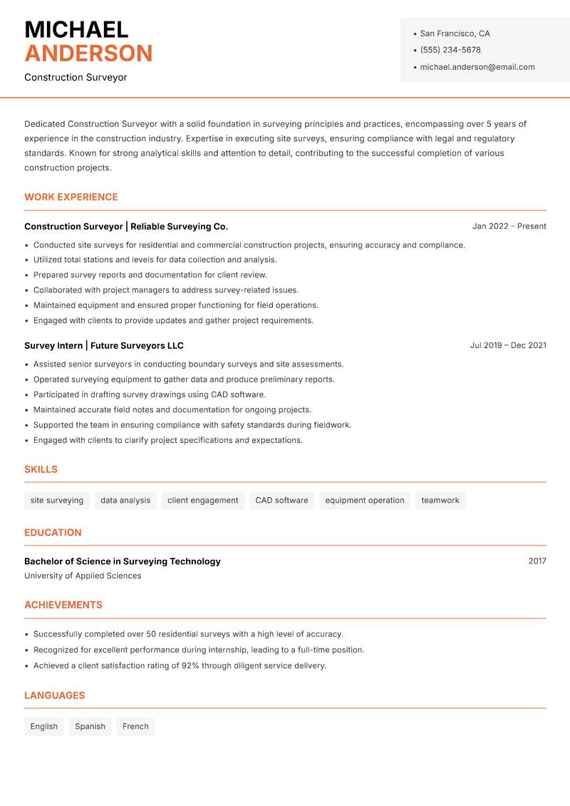 Construction Surveyor resume template — Modern Professional