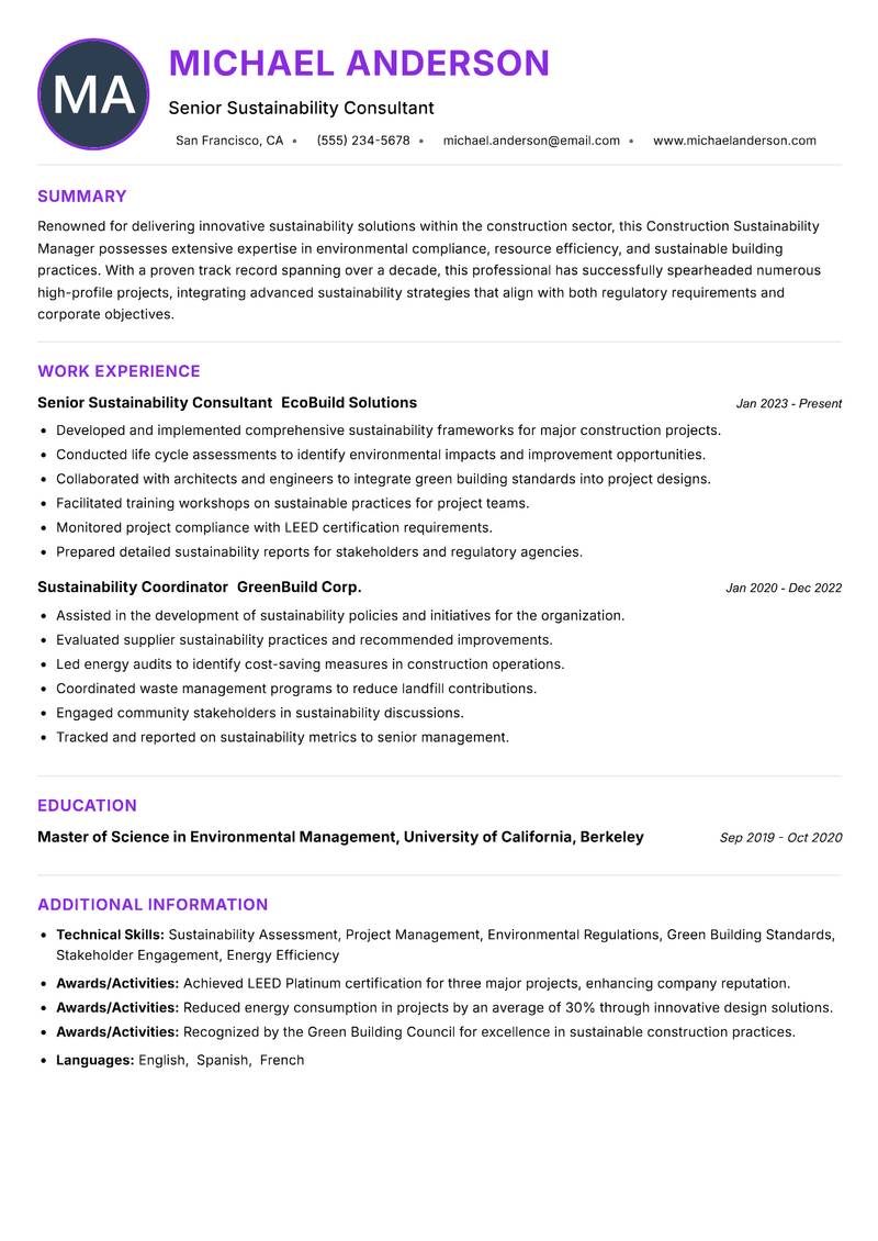 Construction Sustainability Manager resume example — ATS-friendly template