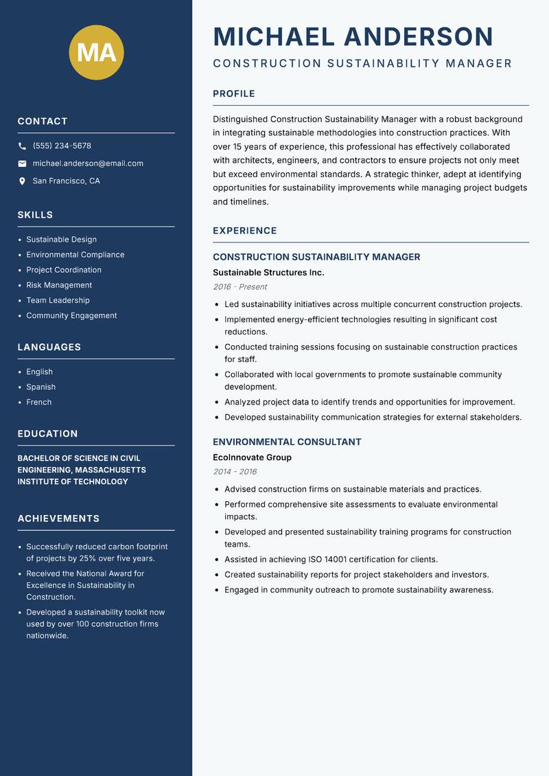 Construction Sustainability Manager resume template — Classic Clean