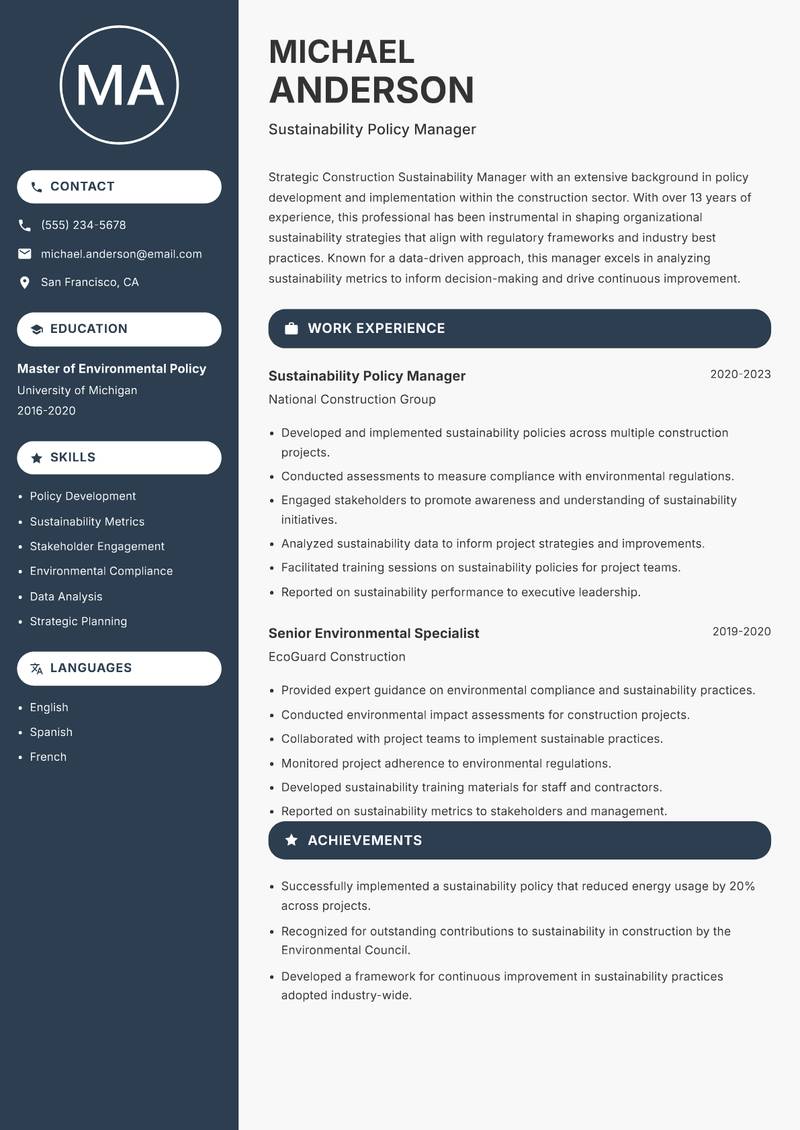 Construction Sustainability Manager resume template — Compact