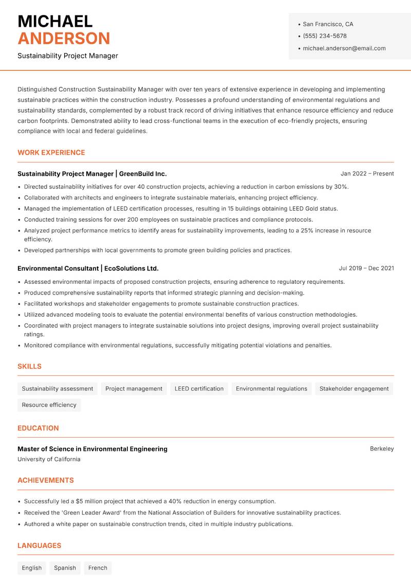 Construction Sustainability Manager resume template — Modern Professional