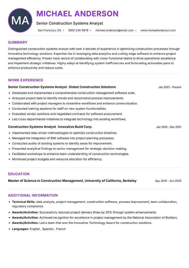 Construction Systems Analyst resume example — ATS-friendly template