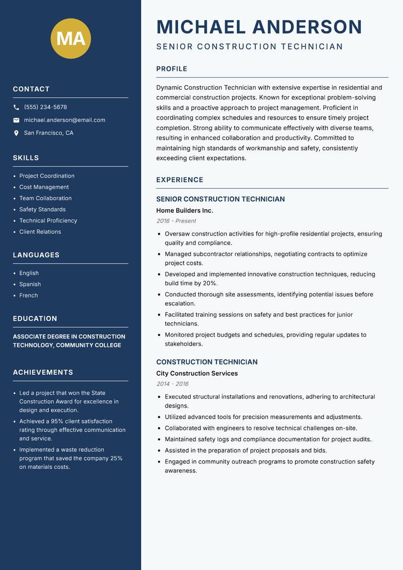 Construction Technician resume template — Classic Clean