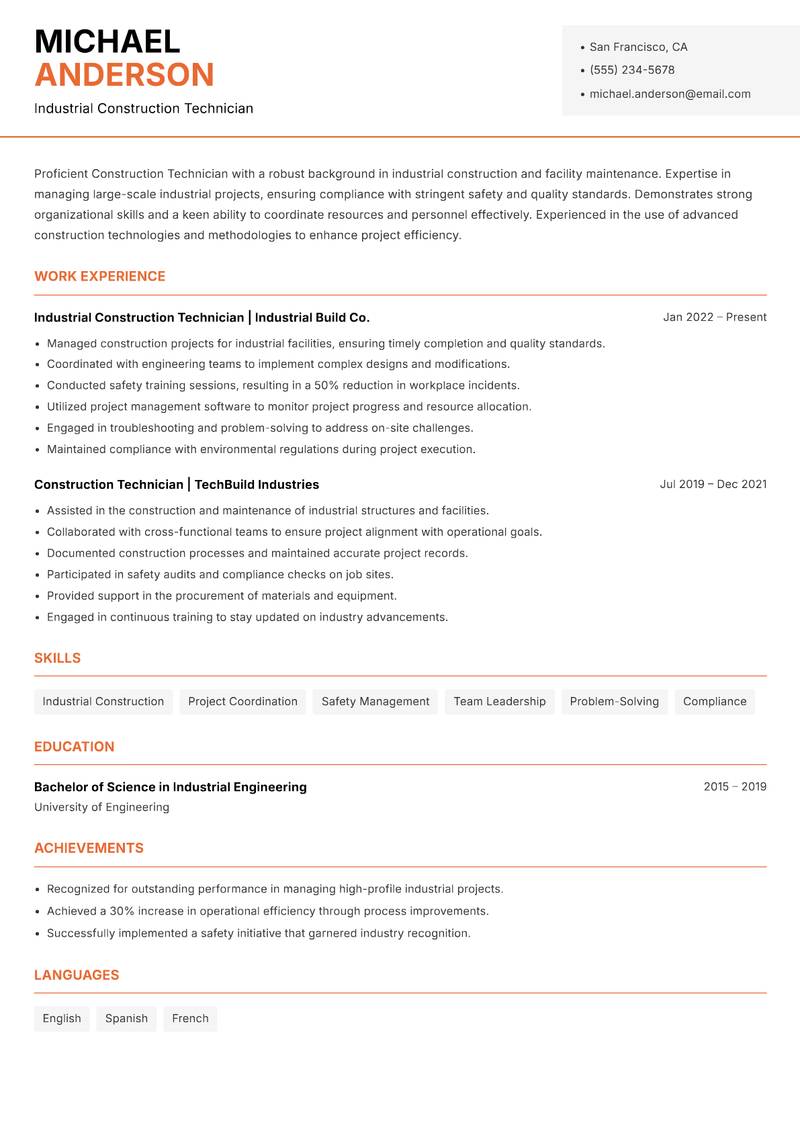 Construction Technician resume template — Modern Professional