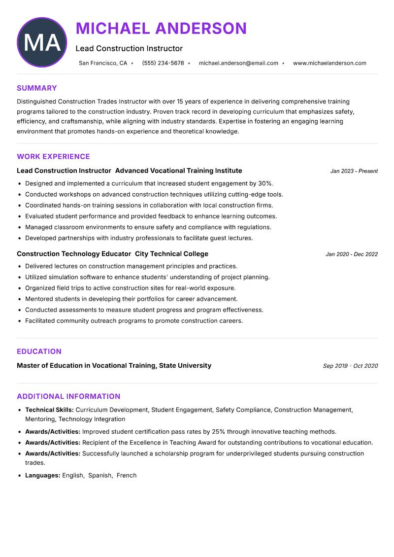 Construction Trades Instructor resume example — ATS-friendly template