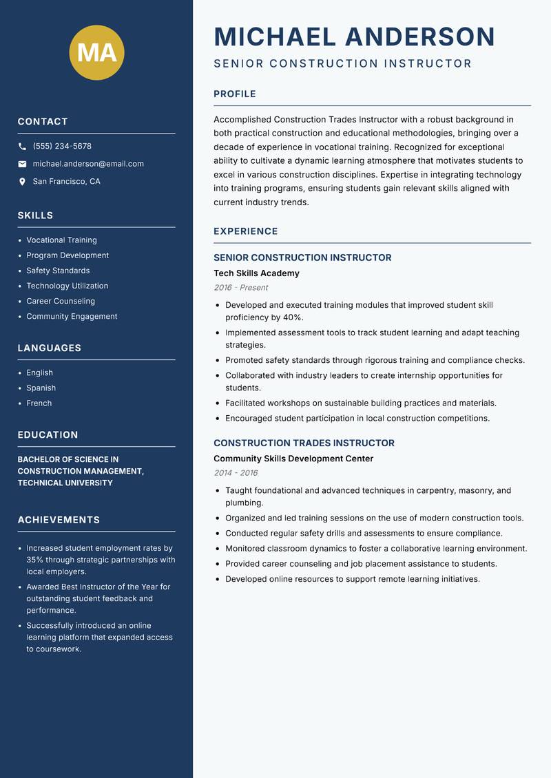 Construction Trades Instructor resume template — Classic Clean