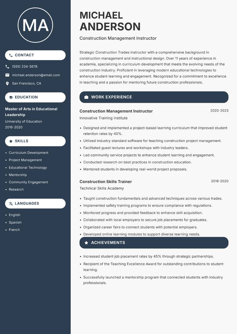 Construction Trades Instructor resume template — Compact