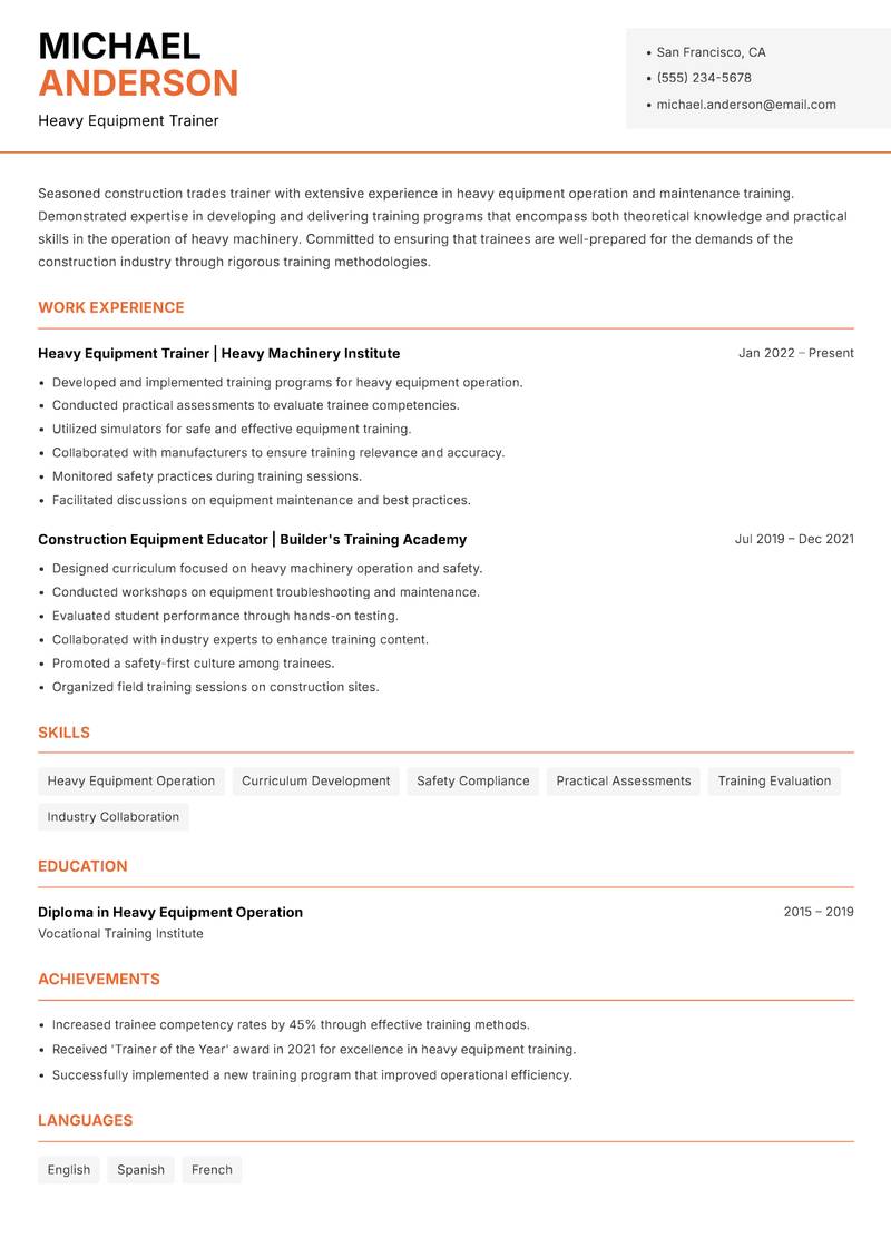 Construction Trades Trainer resume template — Modern Professional