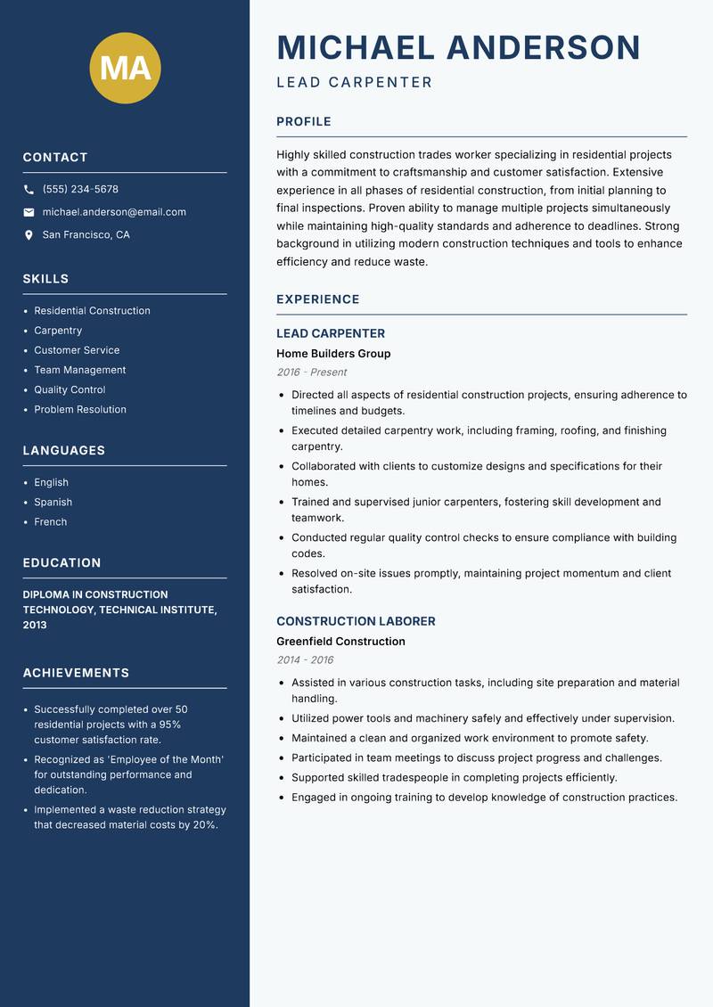 Construction Trades Worker resume template — Classic Clean