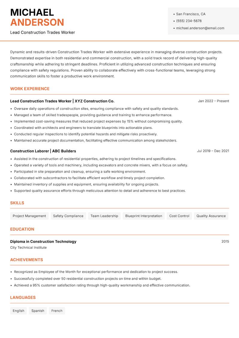 Construction Trades Worker resume template — Modern Professional