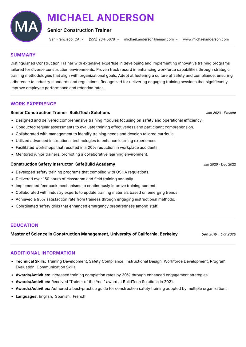 Construction Trainer resume example — ATS-friendly template