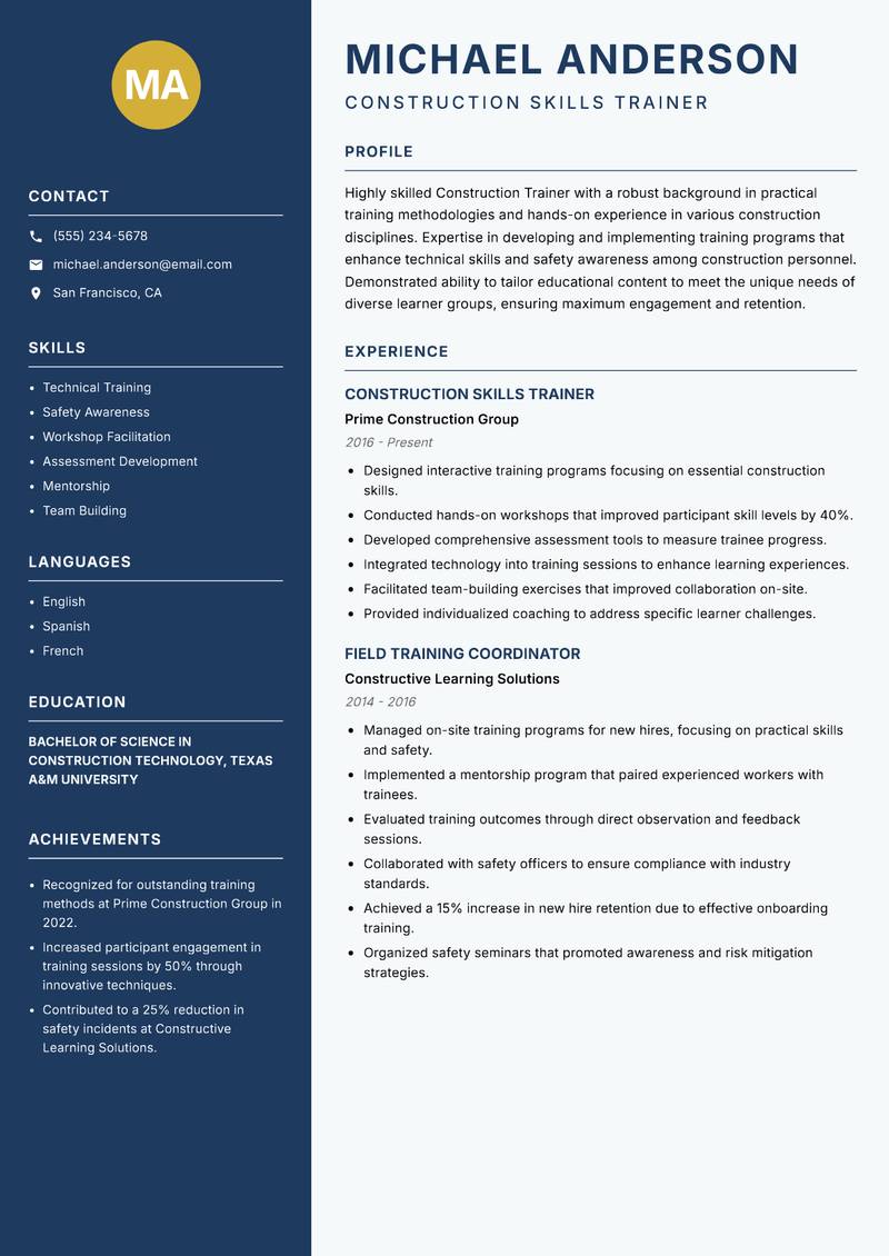 Construction Trainer resume template — Classic Clean